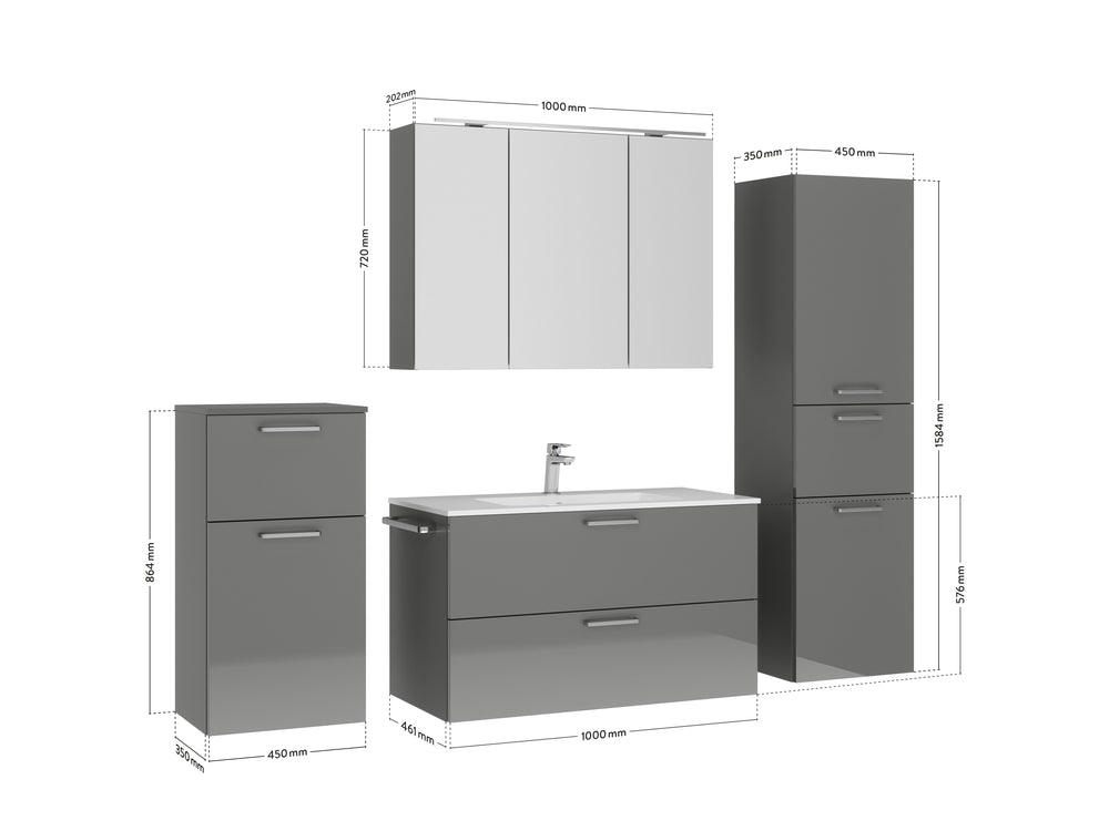 "Madrid" Badmöbel Set mit Spiegelschrank 100 cm