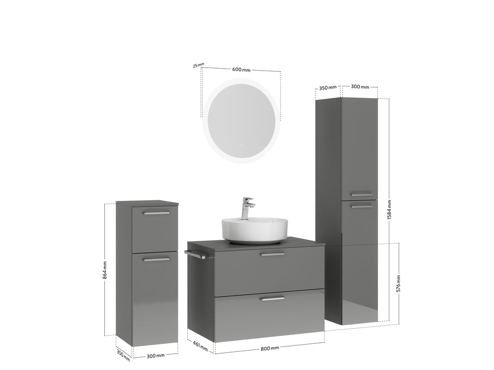 "Ronda" Badmöbel Set 80cm mit rundem LED-Spiegel