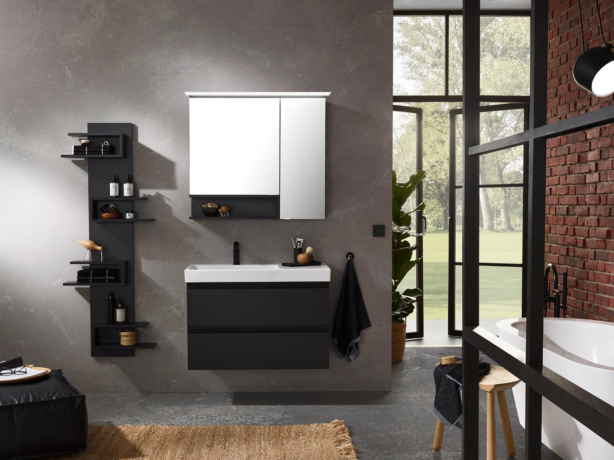 Ceramic - washbasin "Q!flat" &amp; washbasin base cabinet "c!puro" 92cm wide - shelf on the right