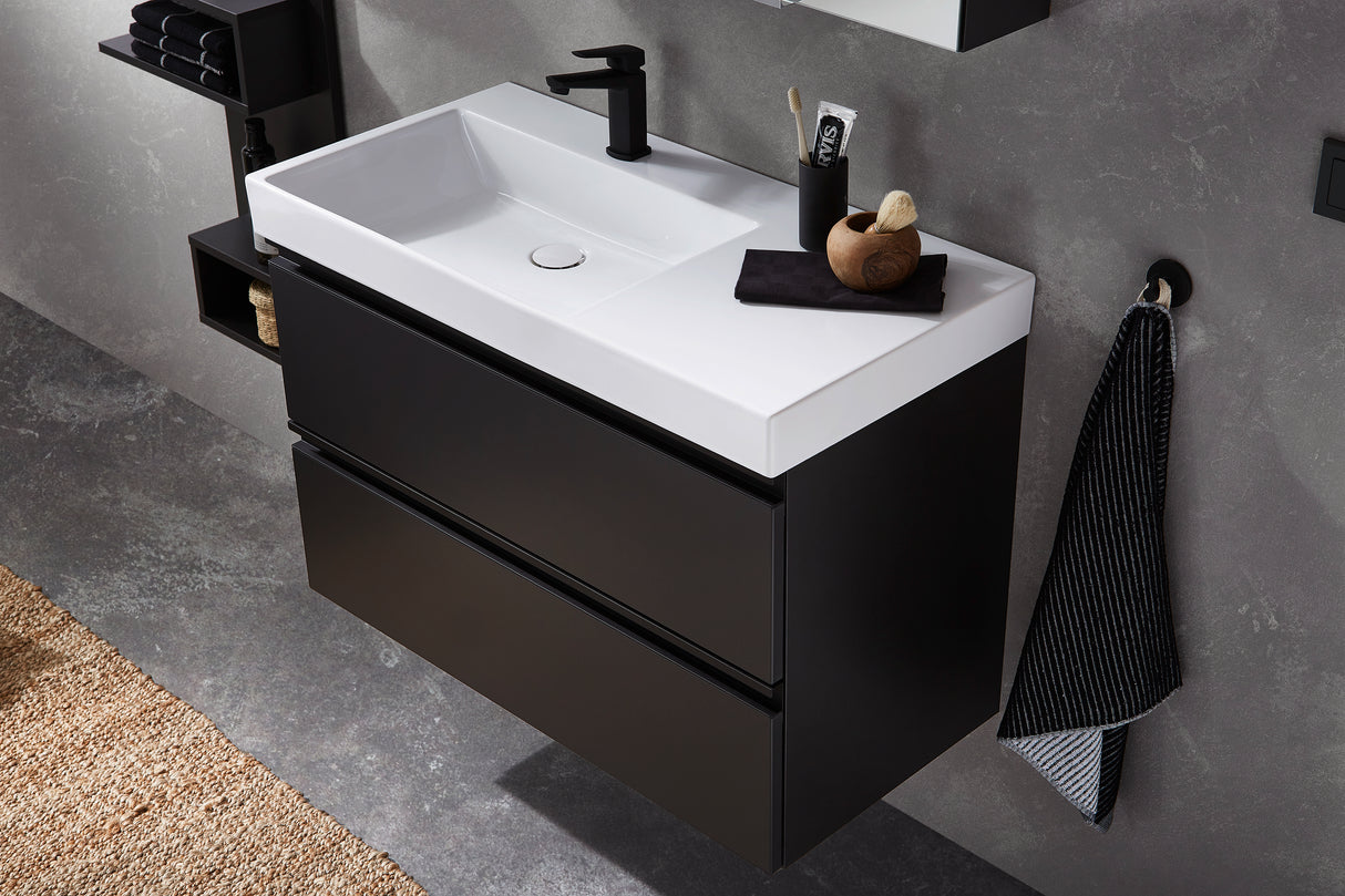 Ceramic - washbasin "Q!flat" &amp; washbasin base cabinet "c!puro" 92cm wide - shelf on the right